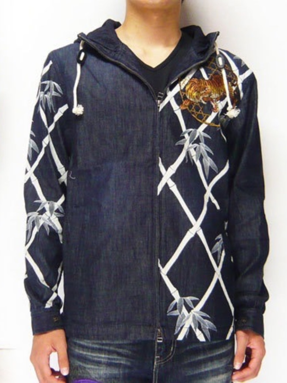 Harakiri Japanese Embroidered Bamboo Tiger Distressed Denim Zip-Up Hoodie Jacket